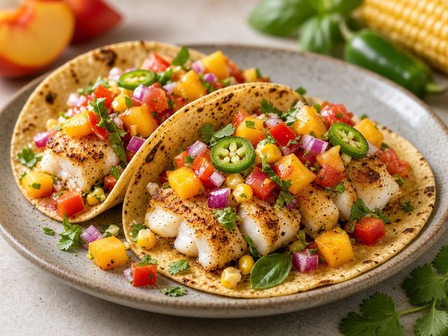 Peach & Pepper Salsa Fish Tacos