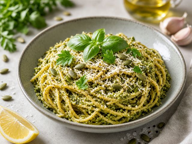 Pumpkin Seed Pesto over Pasta