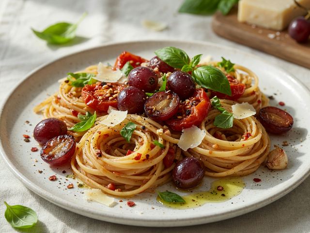 Tomato Basil Pasta with Roasted Grapes
