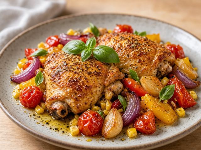 Tomato Corn & Basil Sheet Pan Chicken