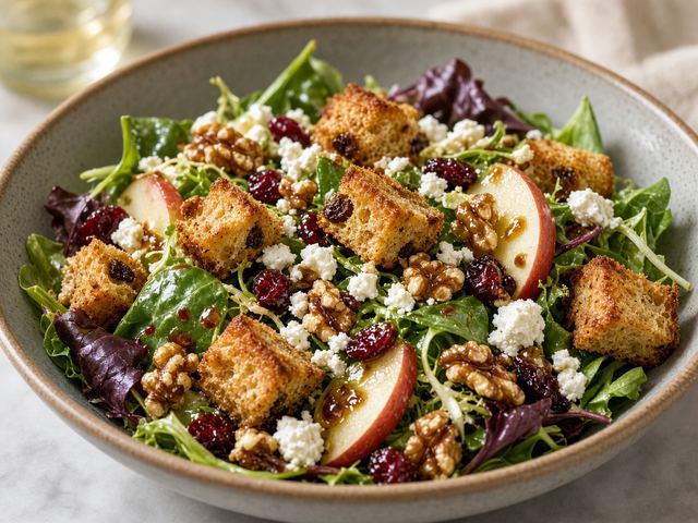 Toasted Cinnamon Raisin Bread Croutons in Salad