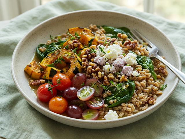 Warm Grape & Farro Bowl with Roasted Squash