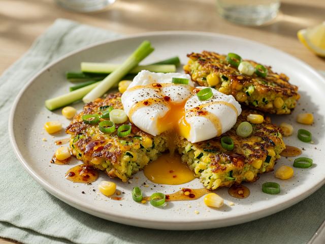 Air-Fryer Zucchini Corn Fritters with Poached Eggs & Hot Honey