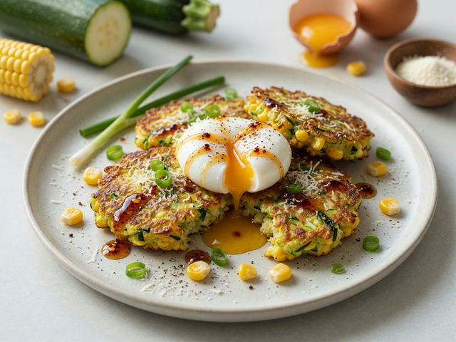 Air-Fryer Zucchini Corn Fritters with Soft Eggs & Hot Honey