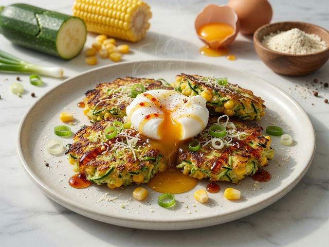 Air-Fryer Zucchini-Corn Fritters with Soft Eggs & Hot Honey