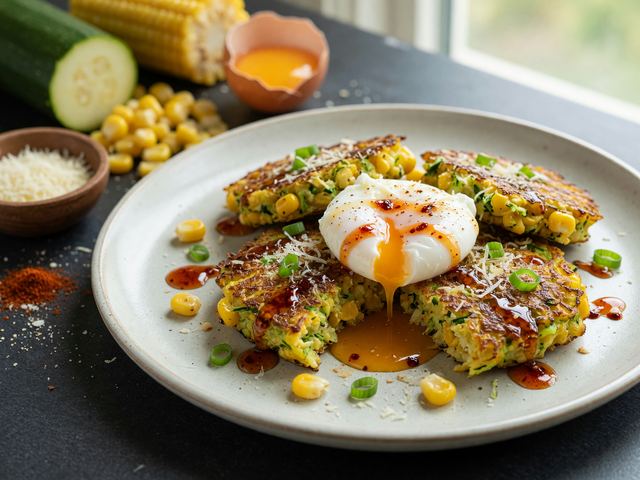 Air-Fryer Zucchini Corn Fritters with Soft Eggs & Hot Honey