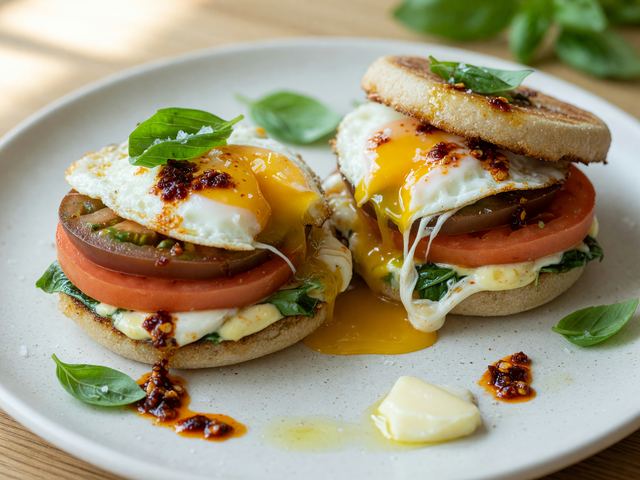 Back-to-School Basil Egg & Heirloom Tomato Breakfast Sandwiches