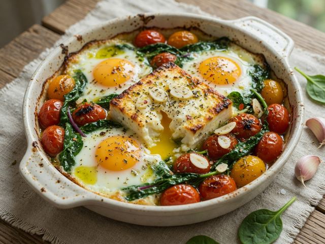 Baked Feta Eggs with Cherry Tomatoes, Spinach & Garlic