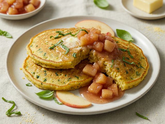 Basil Cornmeal Pancakes with Early-Apple Compote