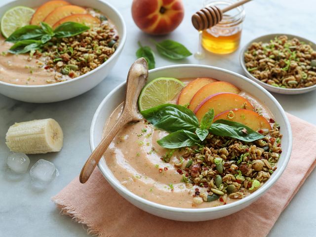 Basil-Peach Smoothie Bowls with Chili-Lime Granola Sprinkle
