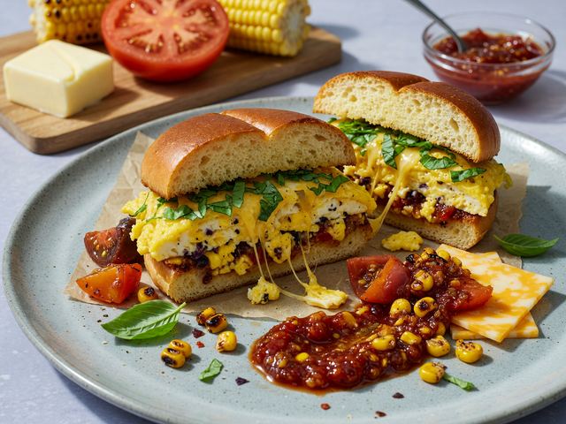 Basil-Scrambled Egg Breakfast Sandwiches with Charred Corn & Tomato Jam