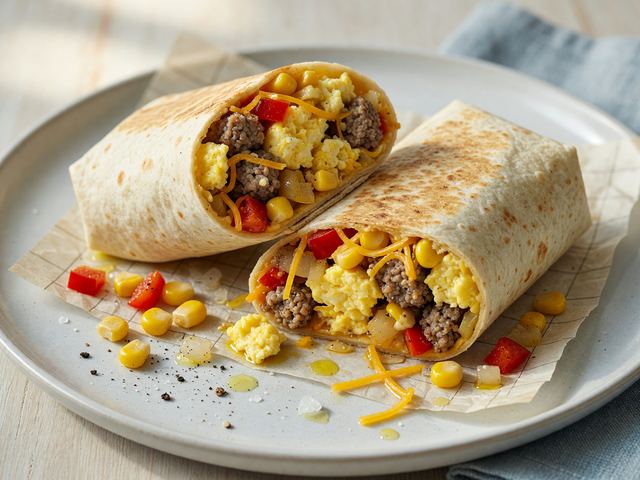 Batch Freezer Egg-Sausage Breakfast Burritos with Sweet Corn & Peppers