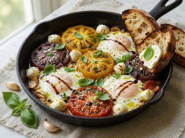 Blistered Heirloom Tomato Caprese Egg Skillet