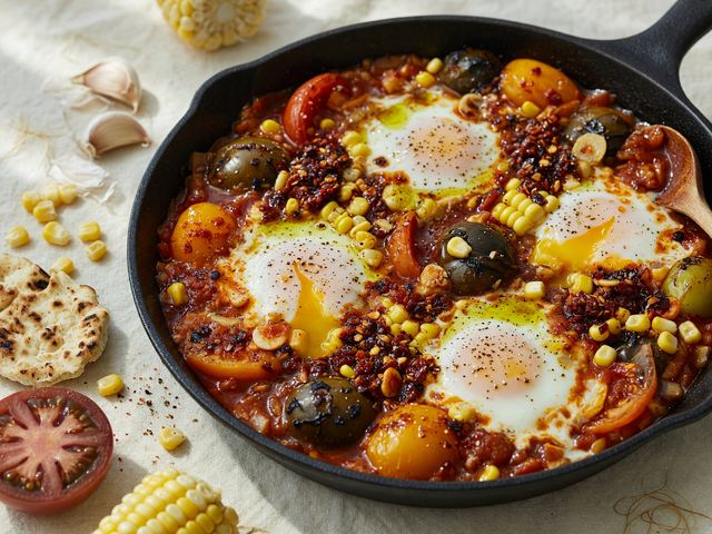 Blistered Heirloom Tomato Shakshuka with Sweet Corn & Chili Crisp