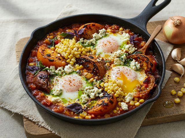 Blistered Heirloom Tomato Shakshuka with Sweet Corn