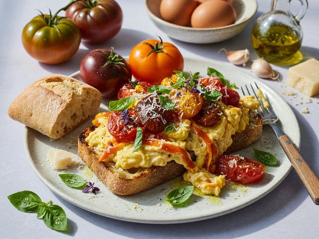 Blistered Heirloom Tomato Soft Scramble on Ciabatta