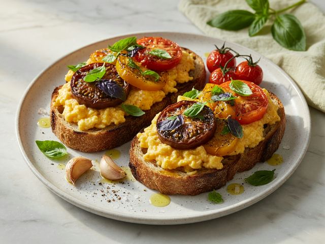 Blistered Heirloom Tomato Soft-Scramble Toasts with Basil