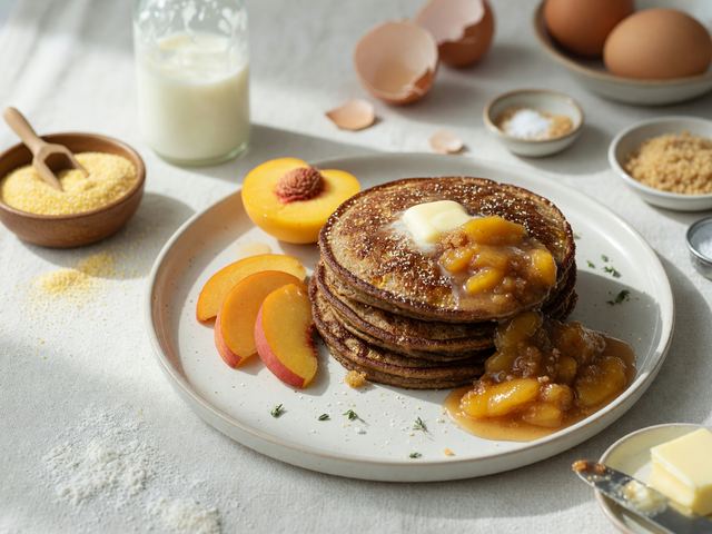 Brown-Butter Cornmeal Pancakes with Fresh Peach Compote