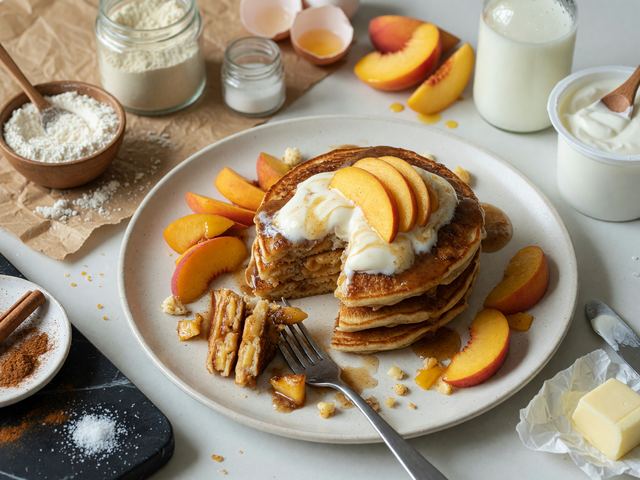Brown-Butter Peach Protein Pancakes with Maple Yogurt