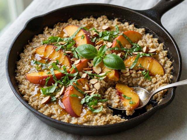 Brown-Butter Peach Skillet Oatmeal with Basil Crunch