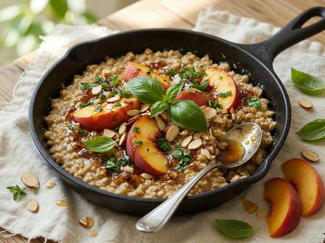Brown-Butter Peach Skillet Oatmeal with Basil Honey