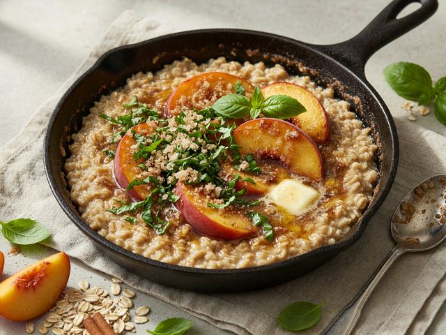 Brown-Butter Peach Skillet Oatmeal with Basil Sugar Crunch