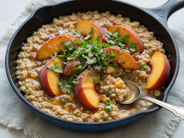 Brown-Butter Peach Skillet Oatmeal with Basil Sugar