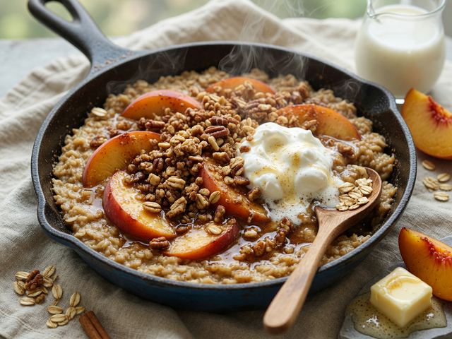 Brown-Butter Peach Skillet Oatmeal with Crunchy Topping