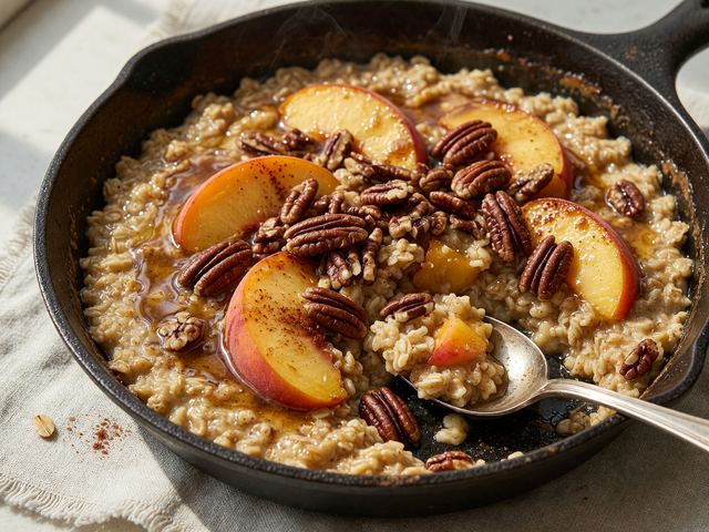 Brown-Butter Peach Skillet Oatmeal with Toasted Pecans