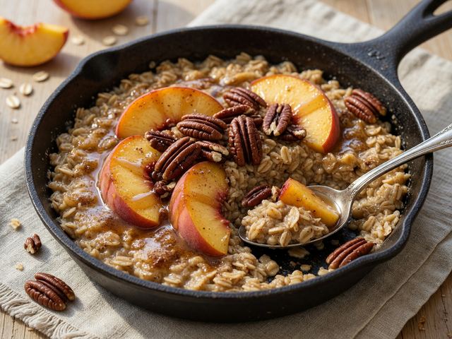 Brown-Butter Peach Skillet Oats with Toasted Pecans