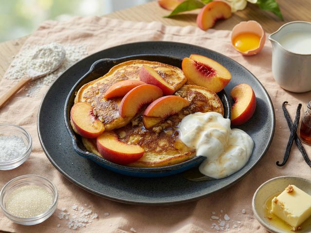 Brown-Butter Peach Skillet Pancakes with Maple Yogurt