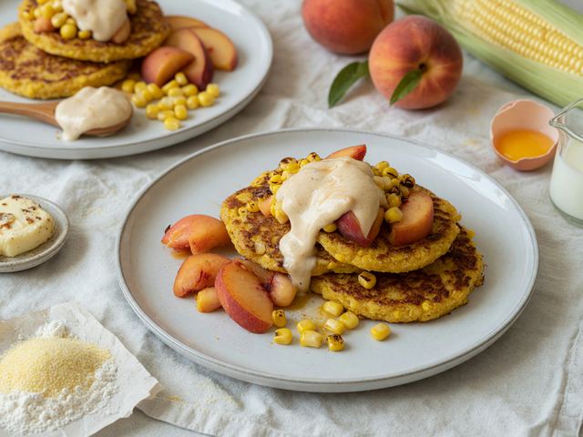 Brown-Butter Peach & Sweet Corn Griddle Cakes with Maple Yogurt