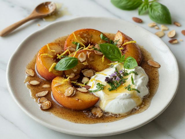 Brown-Butter Skillet Peaches with Greek Yogurt & Basil Honey