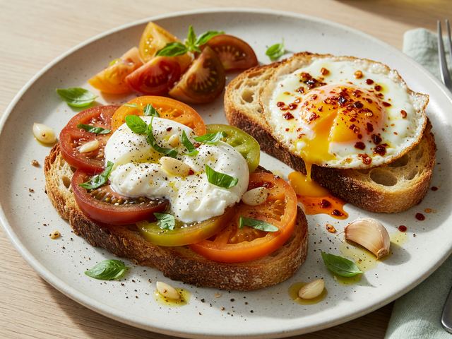 Burrata Heirloom Tomato Breakfast Toasts with Chili Oil Eggs