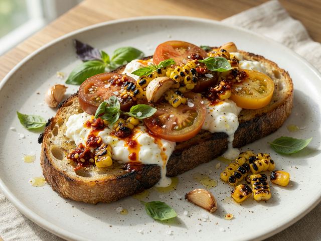 Burrata Heirloom Tomato Toast with Charred Sweet Corn & Chili Oil