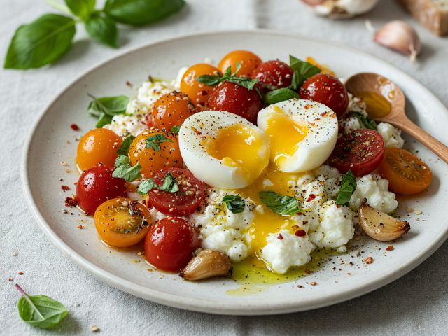 Burst Cherry Tomato Cottage Cheese Breakfast Bowls with Soft Eggs