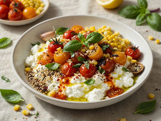 Burst Cherry Tomato Cottage Cheese Breakfast Bowls with Fresh Corn & Basil