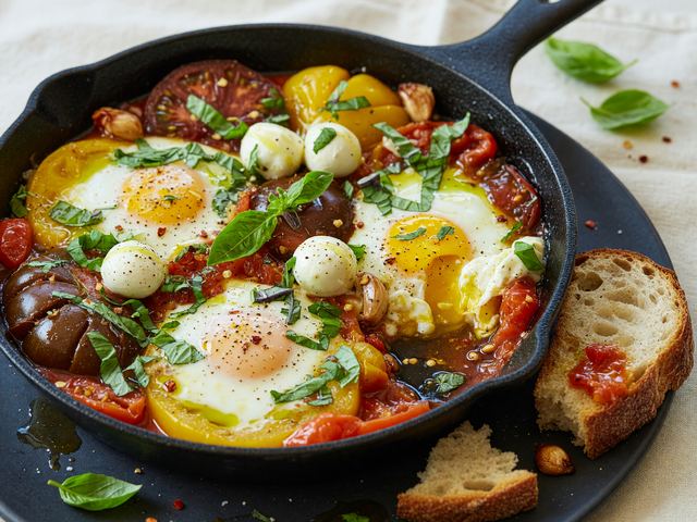 Burst Heirloom Tomato Caprese Breakfast Skillet