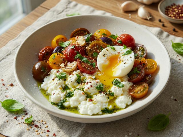 Burst Heirloom Tomato Cottage-Cheese Breakfast Bowls with Soft Eggs