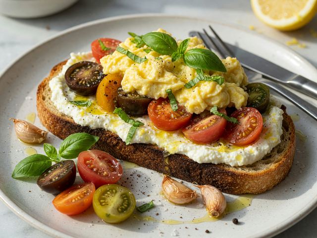 Burst Heirloom Tomato Ricotta Toast with Soft Scramble