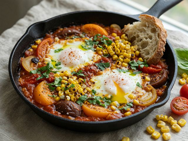 Burst Heirloom Tomato & Sweet Corn Breakfast Shakshuka