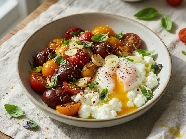 Burst Tomato Cottage Cheese Breakfast Bowls with Soft Eggs