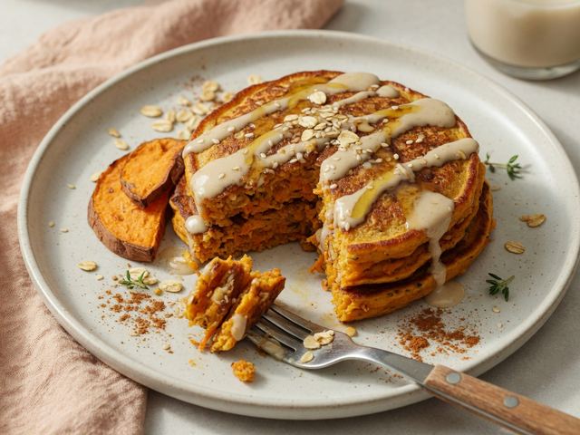 Cardamom-Spiced Sweet Potato Pancakes with Tahini Maple Drizzle