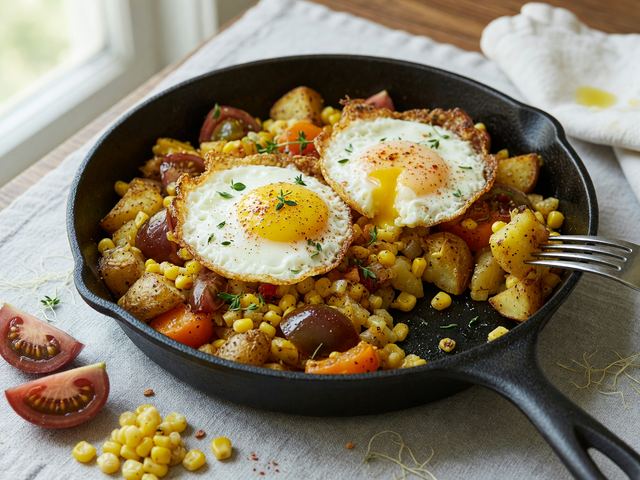 Cast-Iron Heirloom Tomato & Corn Breakfast Hash with Crispy Eggs