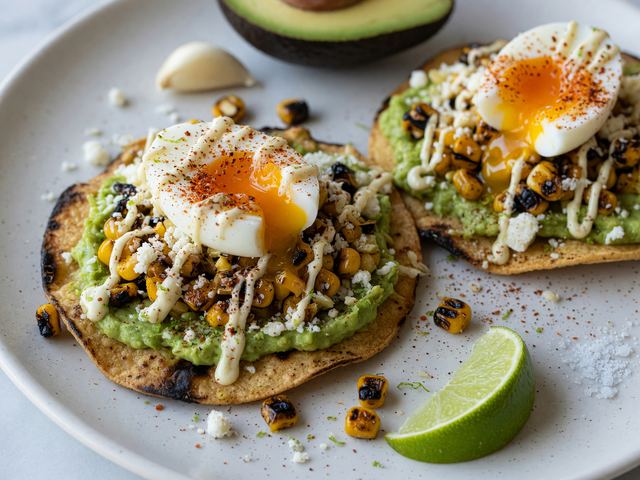 Charred Corn & Avocado Breakfast Tostadas with Jammy Eggs