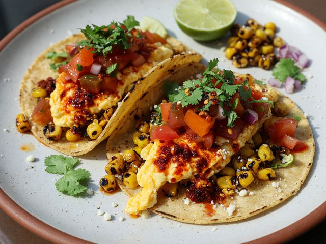 Charred Corn Breakfast Tacos with Chili-Crisp Eggs & Heirloom Pico