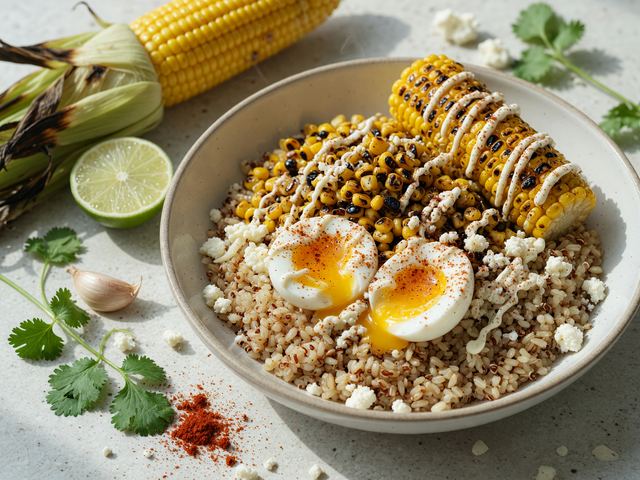 Charred Corn Cotija Breakfast Bowls with Soft Eggs