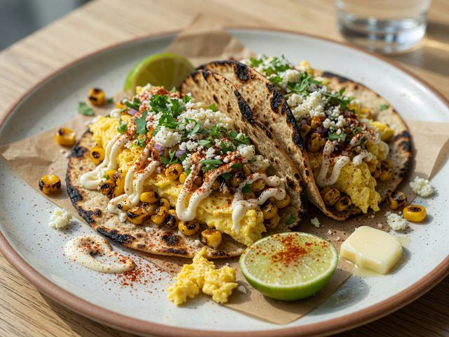 Charred Corn Elote Breakfast Tacos with Scrambled Eggs