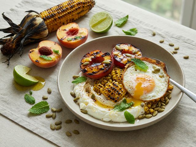 Charred Corn & Grilled Peach Breakfast Bowls