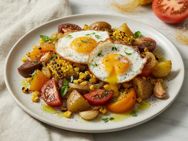 Charred Corn & Heirloom Tomato Breakfast Hash with Fried Eggs